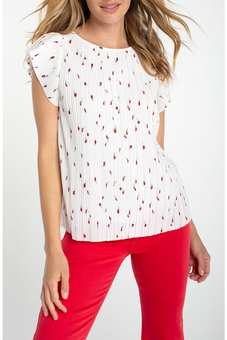 Pleated Flutter Sleeve Top, Main, color, WHITE/ RED FLORAL