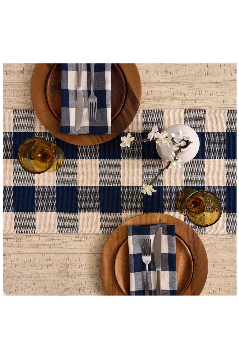 Checkered Fringe Cotton Table Runner, Alternate, color, BLUE