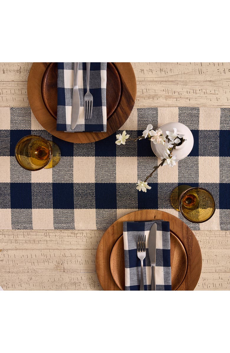 Design Imports Checkered Fringe Cotton Table Runner, Alternate, color, Blue
