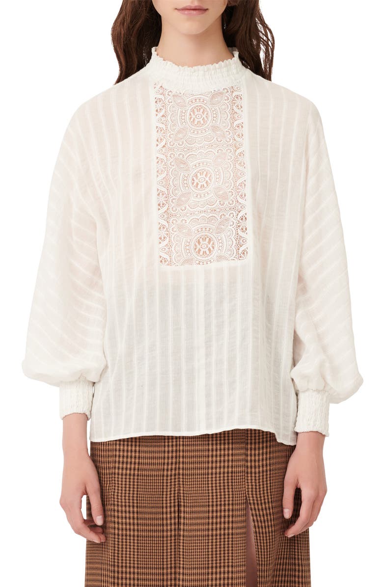 maje Lace Bib Long Sleeve Blouse, Main, color,