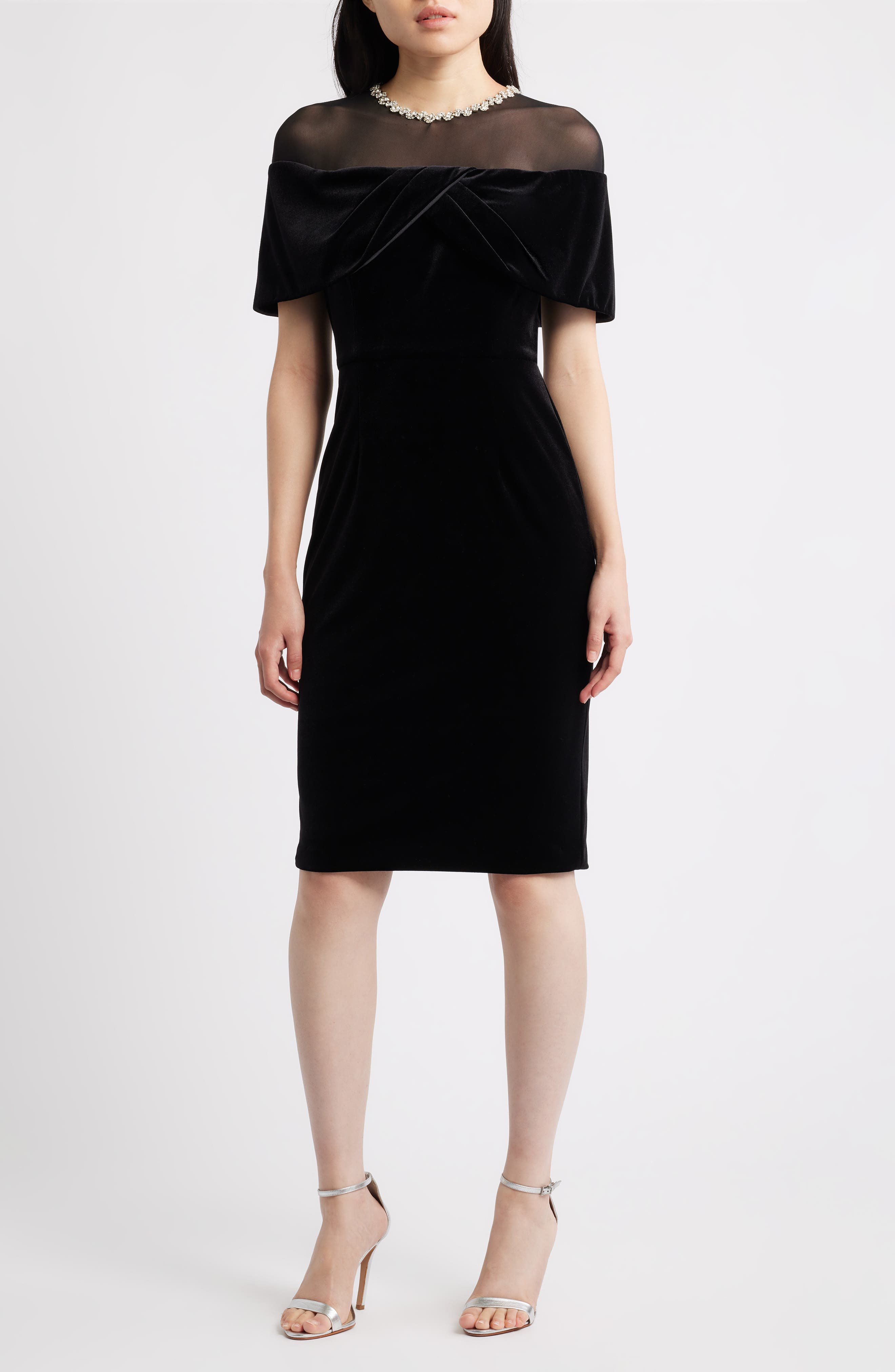 Vince Camuto Rhinestone & Illusion Lace Detail Velvet Cocktail Sheath Dress