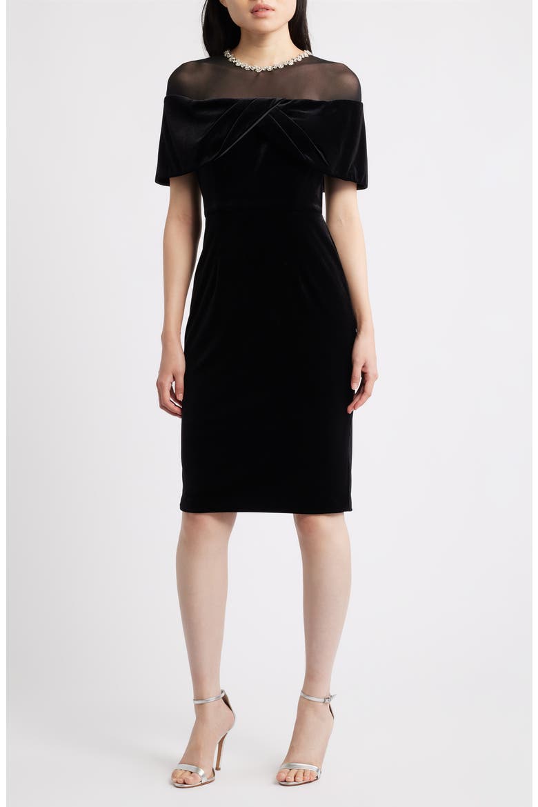 Rhinestone & Illusion Lace Detail Velvet Cocktail Sheath Dress, Main, color, BLACK