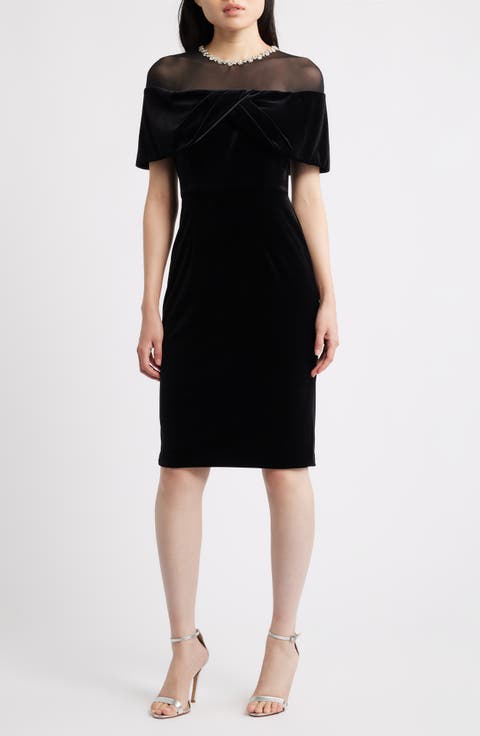 Rhinestone & Illusion Lace Detail Velvet Cocktail Sheath Dress