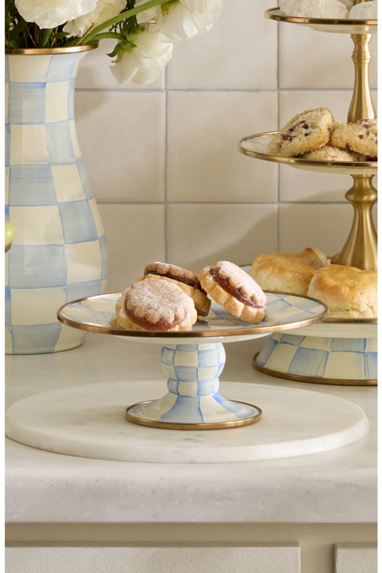 Sky Check Enameled Steel Mini Pedestal Platter, Alternate, color, SKY CHECK