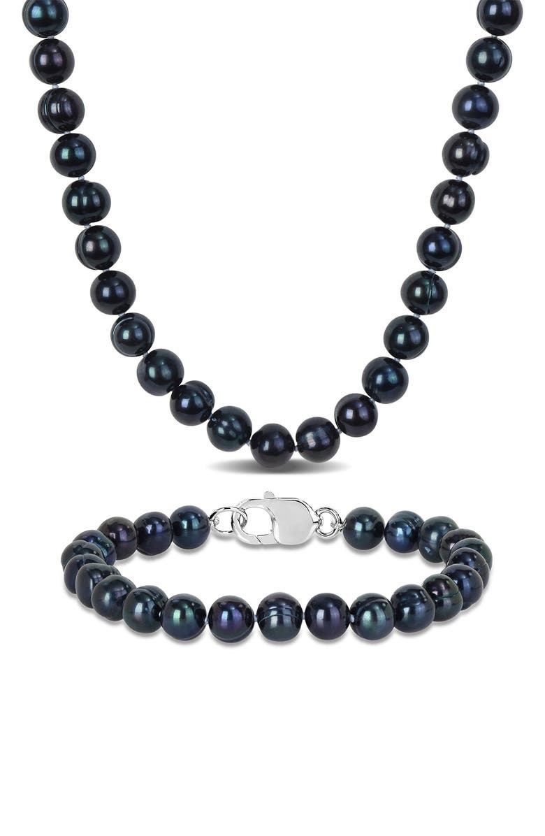 DELMAR Men's Black Cultured Freshwater Pearl Necklace & Bracelet Set, Main, color, Black
