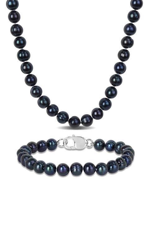 Men's Black Cultured Freshwater Pearl Necklace & Bracelet Set