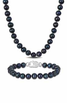 DELMAR Men's Black Cultured Freshwater Pearl Necklace & Bracelet Set