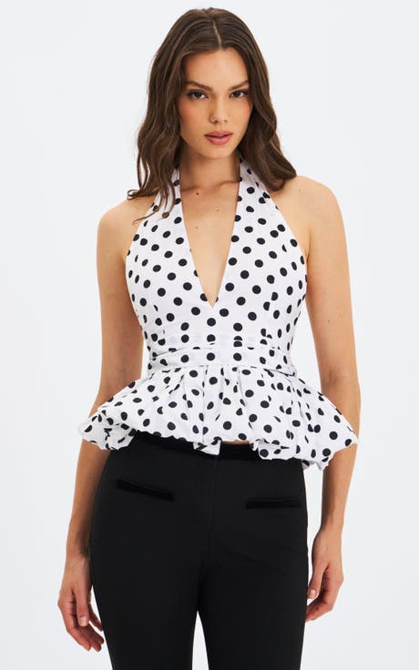 IleneIlene Halter Peplum Polka Dot Blouse Top