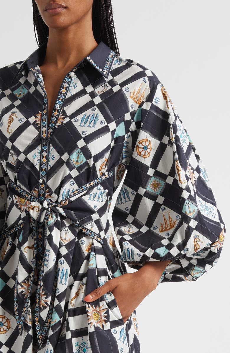 Camilla Folk Afloat Bubble Sleeve Tie Waist Shirtdress, Alternate, color, Folk Afloat