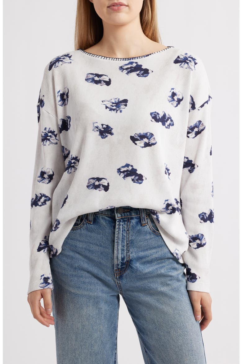 Stamped Floral Long Sleeve Waffle Knit Top, Main, color, CREAM/ GREY MULTI