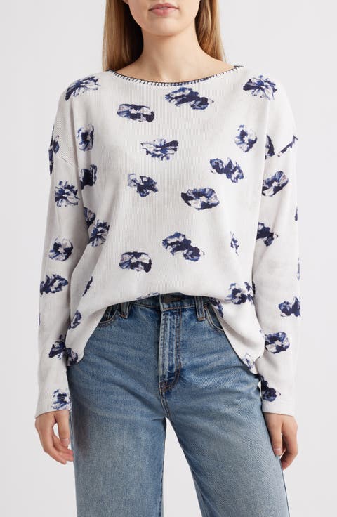 Stamped Floral Long Sleeve Waffle Knit Top