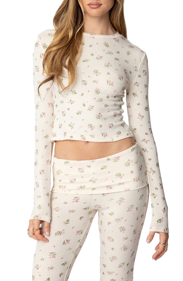 EDIKTED Bloom Print Long Sleeve T-Shirt, Main, color, Cream