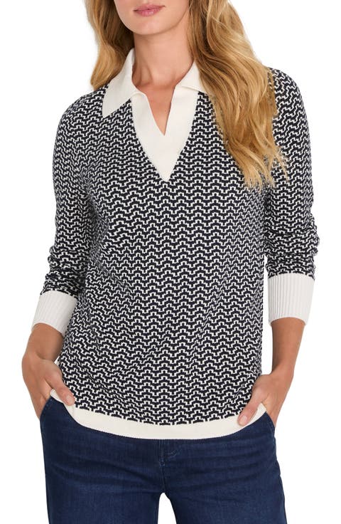 Two-Tone Jacquard Cotton Blend Sweater