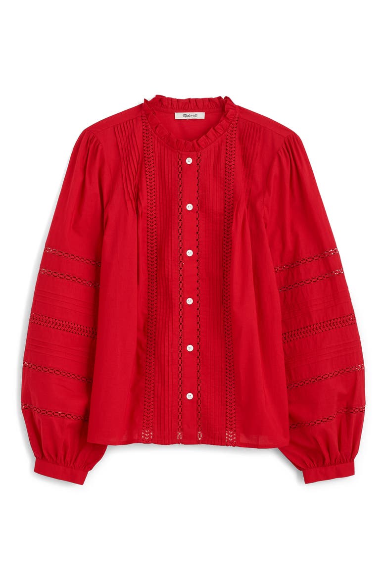 High Neck Lace Detail Pintuck Cotton Top, Main, color, CHERRY