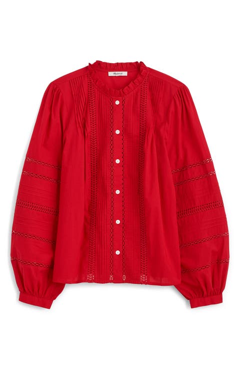 High Neck Lace Detail Pintuck Cotton Top