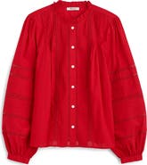 Madewell High Neck Lace Detail Pintuck Cotton Top
