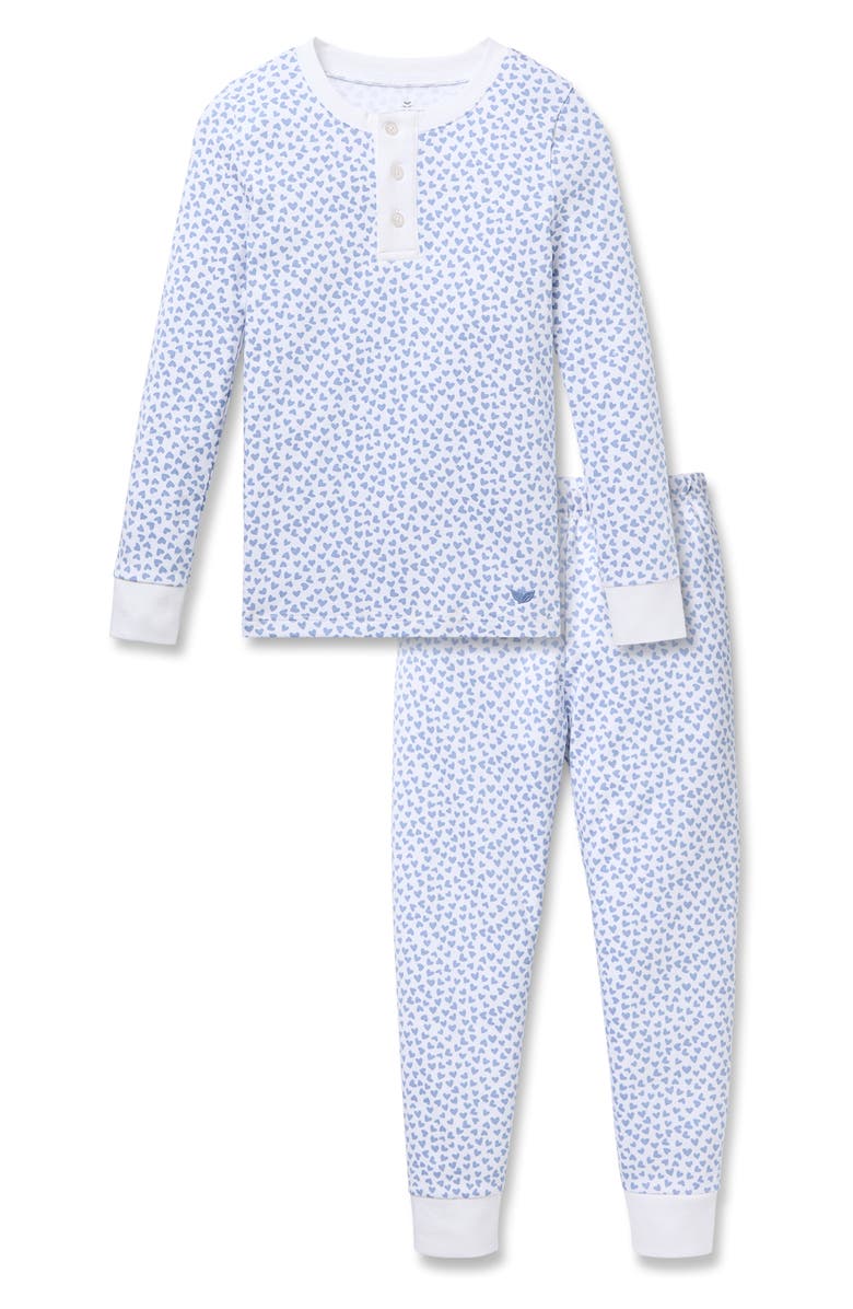 Petite Plume Kids' Heart Print Fitted Pima Cotton Two-Piece Pajamas, Main, color, Blue