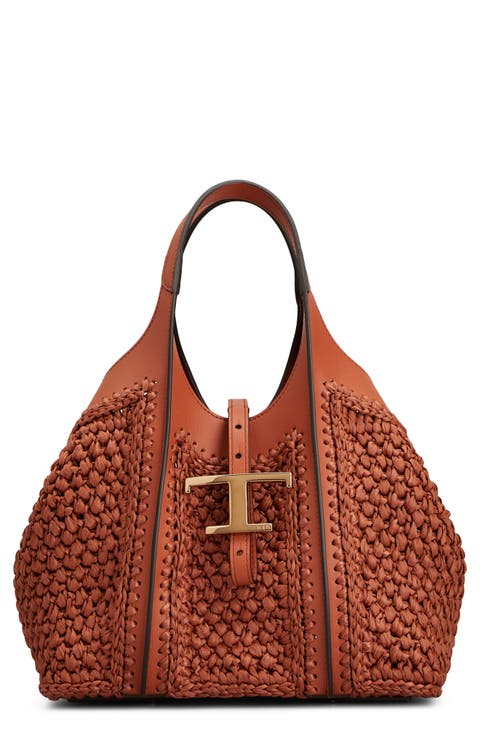 Mini T Timeless Crochet Raffia & Leather Tote
