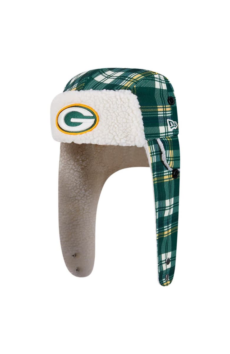 New Era Green Green Bay Packers Sideline Plaid Sherpa Trapper Hat, Main, color, 