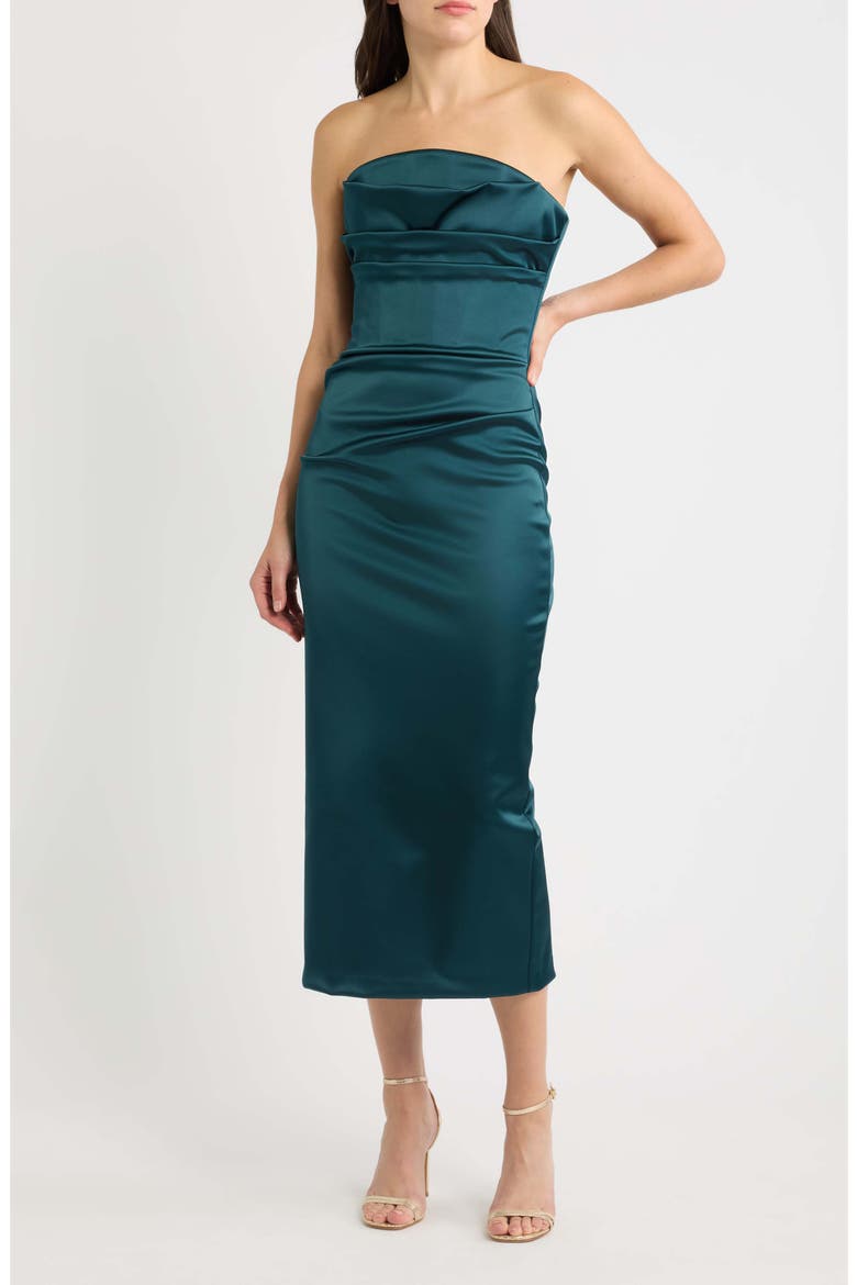 Voca Pleated Strapless Satin Midi Cocktail Dress, Main, color, 549E SHERWOOD