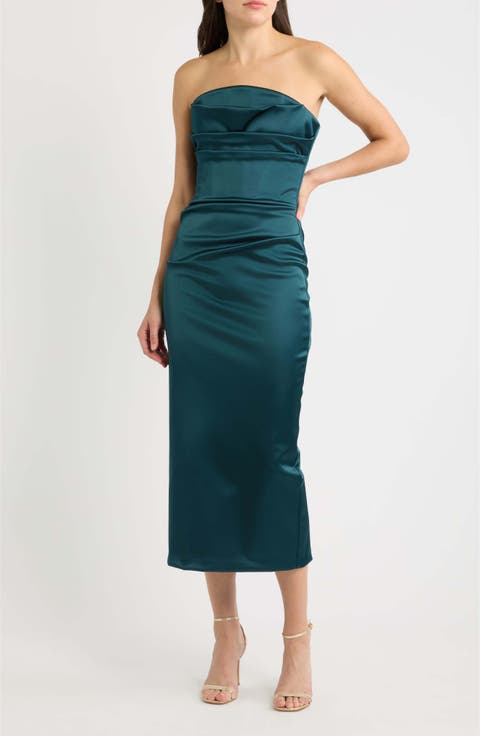 Voca Pleated Strapless Satin Midi Cocktail Dress