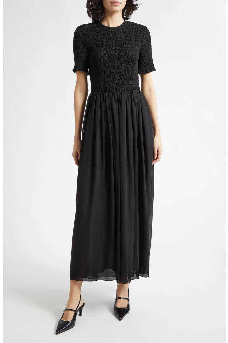 Black Techno Smocked Bodice Georgette Maxi Dress, Main, color, SOLID BLACK