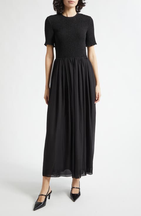 Black Techno Smocked Bodice Georgette Maxi Dress