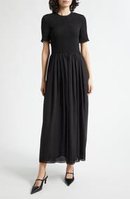 Emporio Armani Black Techno Smocked Bodice Georgette Maxi Dress