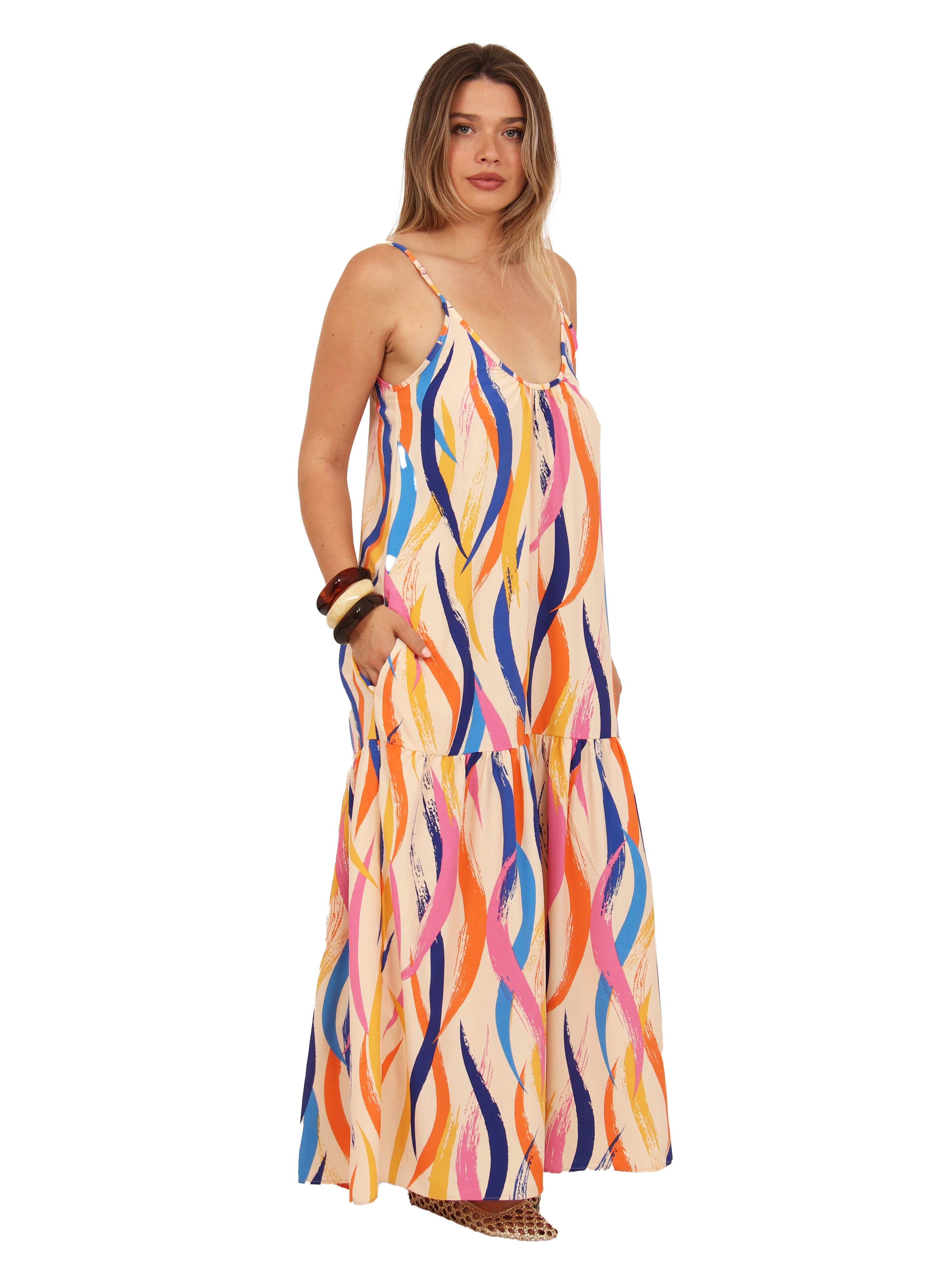 Womens Essential Abstract Print Scoop Neck Spaghetti Strap Pocket A-Line Maxi Dress - image 2