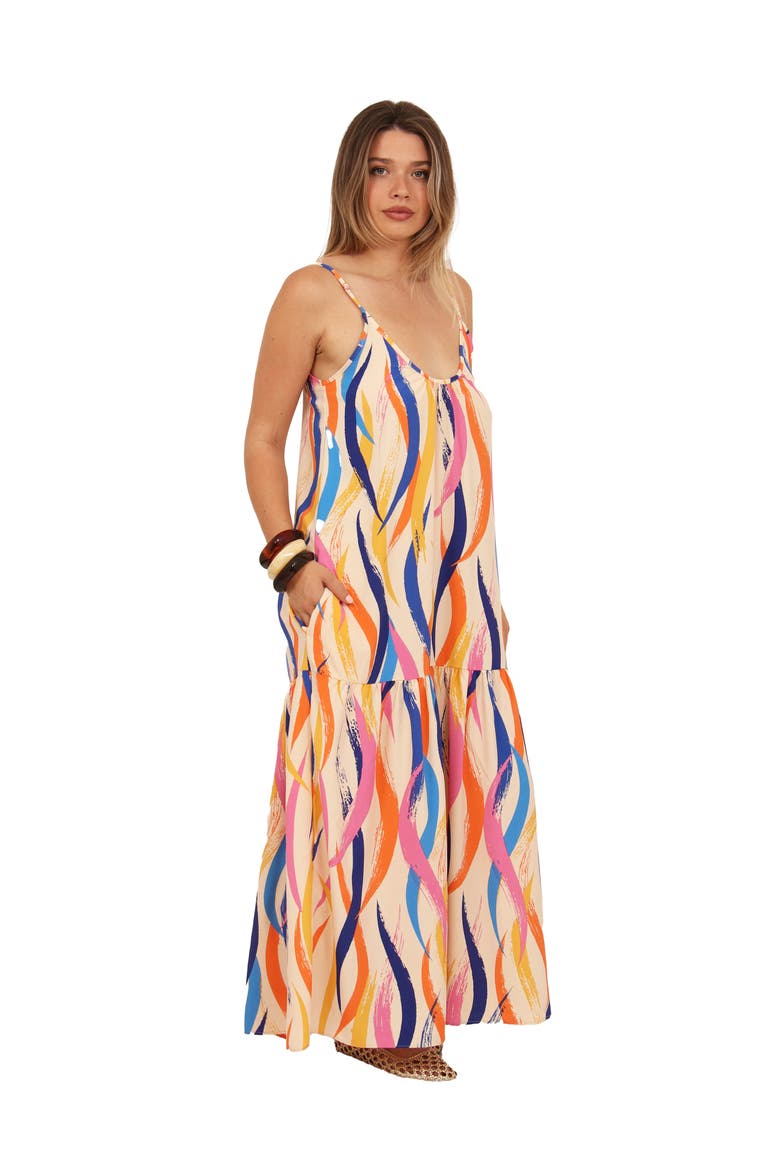 Womens Essential Abstract Print Scoop Neck Spaghetti Strap Pocket A-Line Maxi Dress, Alternate, color, Orange Multi