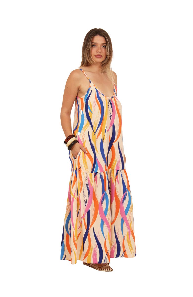 24seven Comfort Apparel Womens Essential Abstract Print Scoop Neck Spaghetti Strap Pocket A-Line Maxi Dress, Alternate, color, Orange Multi