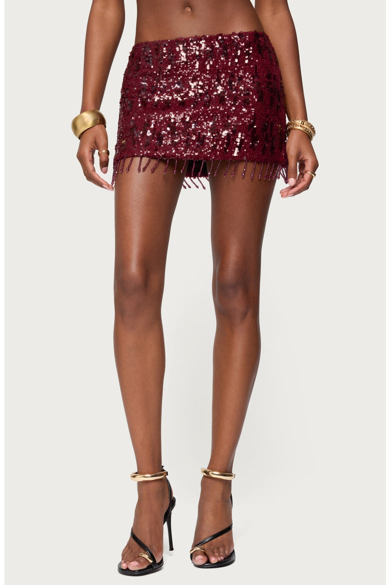 Dalis Fringe Sequin Miniskirt, Main, color, BURGUNDY