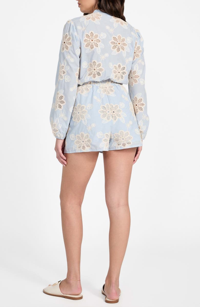 GUESS Hazel Floral Embroidered Long Sleeve Cotton Voile Romper, Alternate, color, Blue