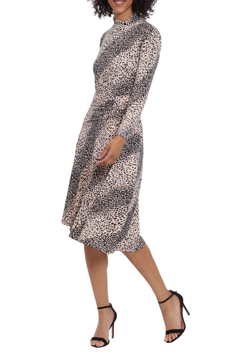 Mock Neck Drape Front Long Sleeve Asymmetric Dress, Alternate, color, IVORY/ BLACK