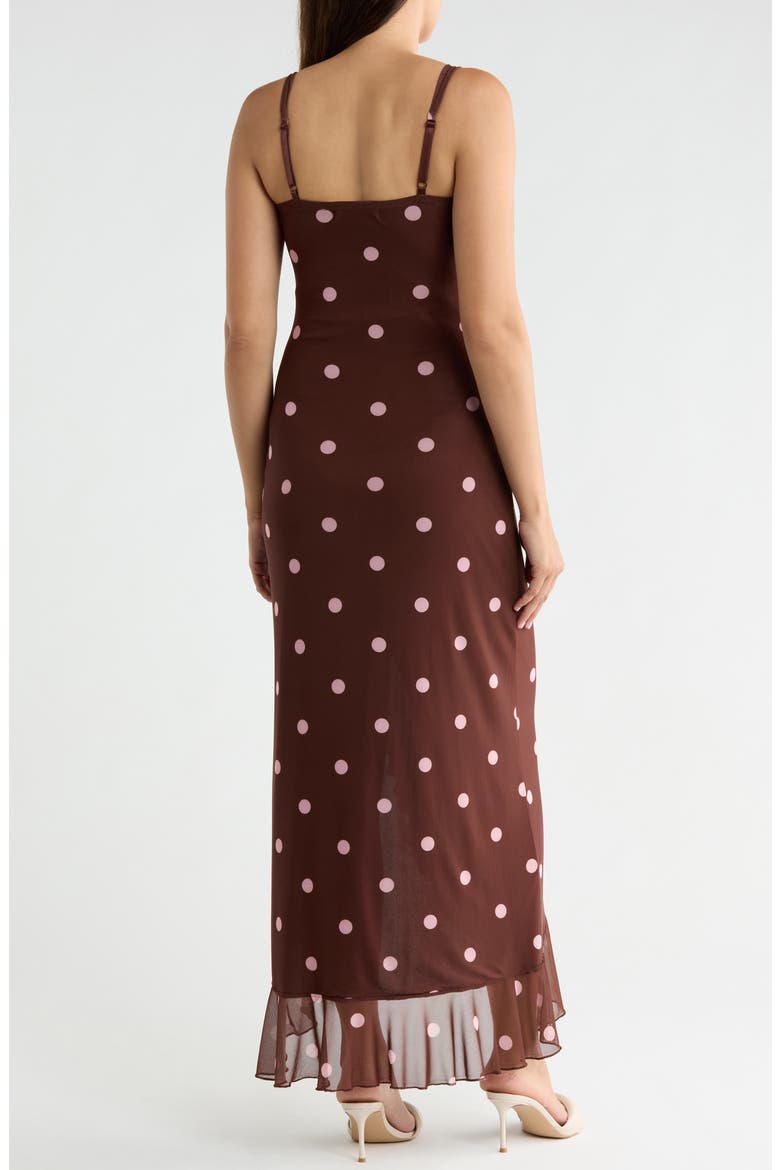 Lace Trim Polka Dot Ruffle Slit High Low Dress, Alternate, color, BROWN PINK