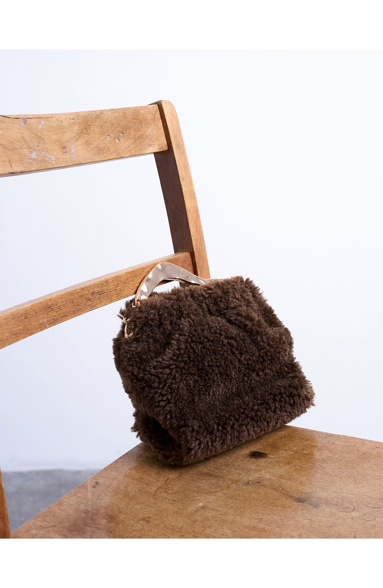 Topshop Hammered Handle Faux Fur Handbag, Alternate, color, Brown