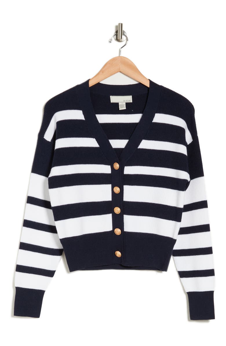 BY DESIGN Eira Stripe Cardigan, Alternate, color, Navy Blazer/ Bright White