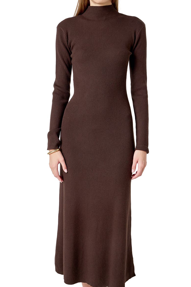 Mock Neck Long Sleeve Rib Sweater Midi Dress, Alternate, color, CHOCOLATE