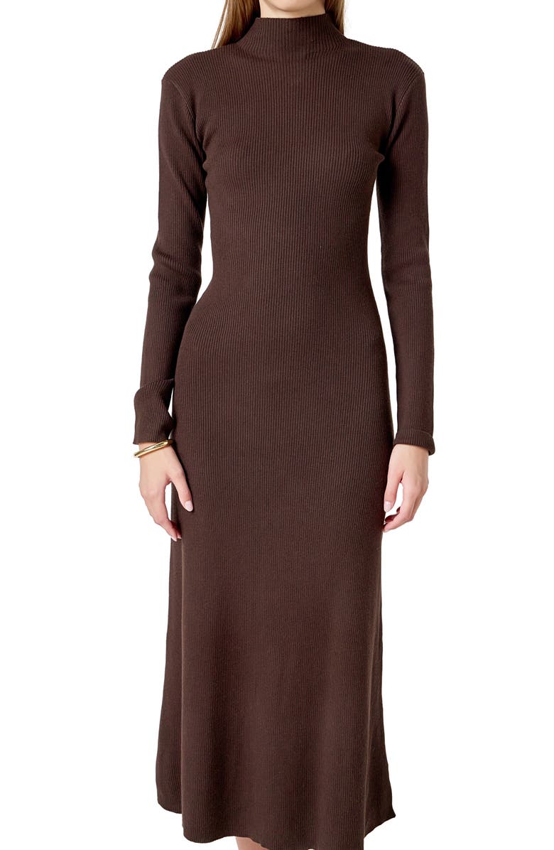 Endless Rose Mock Neck Long Sleeve Rib Sweater Midi Dress, Alternate, color, Chocolate