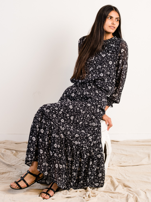 Able Erin Tiered Maxi Skirt In Black/white Floral