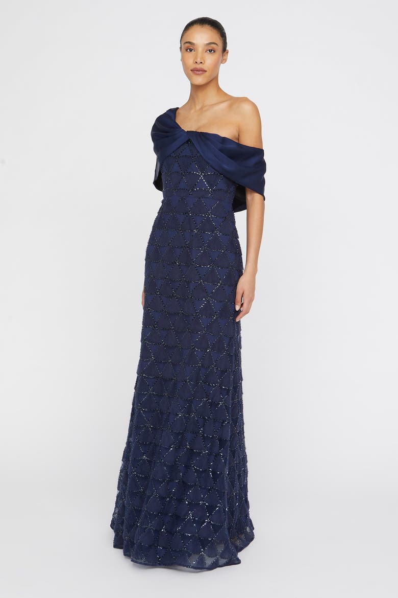 Anabella Textured Tulle Asymmetric Neck Satin Fit and Flare Gown, Alternate, color, Navy