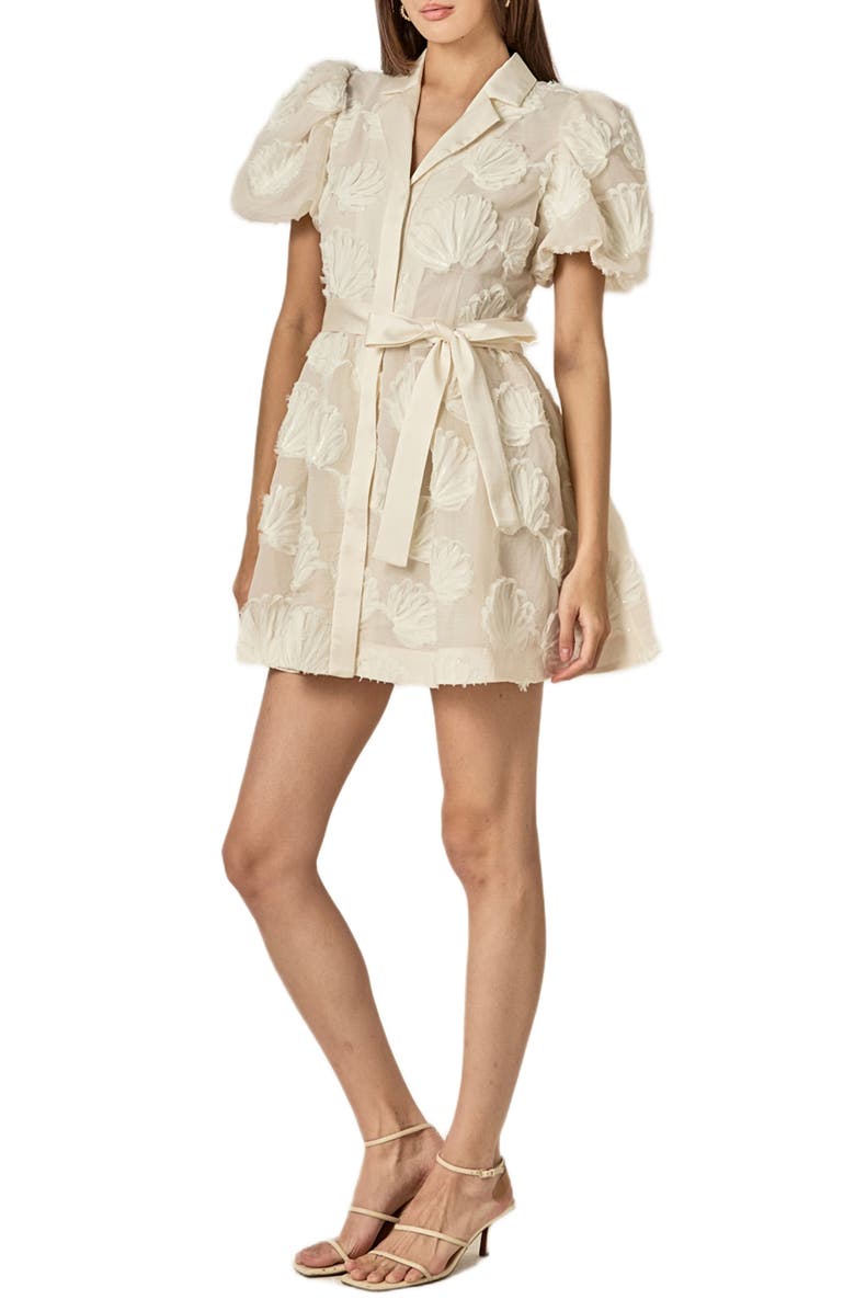 English Factory Shell Puff Sleeve Tie Waist Minidress, Alternate, color, Off White