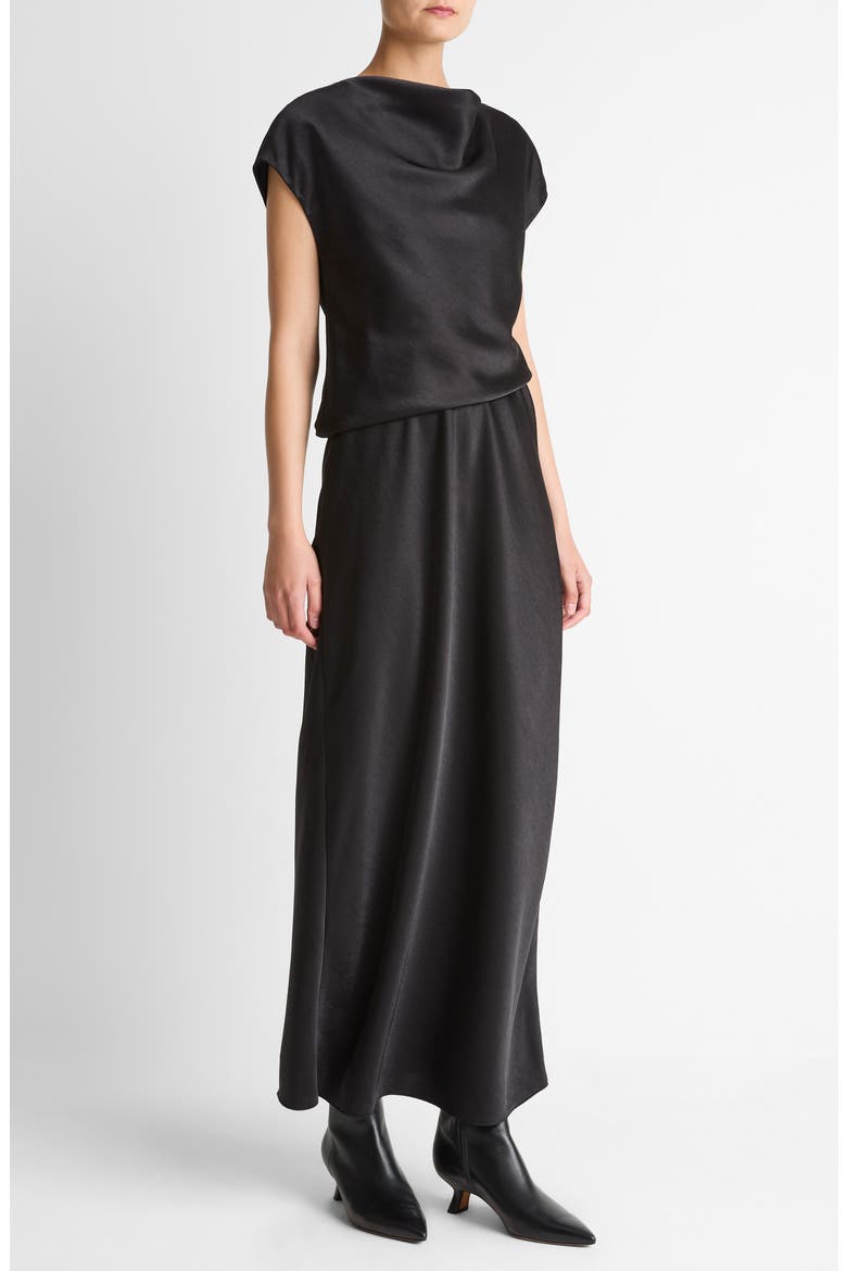 Draped Cowl Neck Cap Sleeve Midi Dress, Alternate, color, BLACK