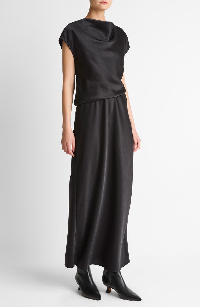 Vince Draped Cowl Neck Cap Sleeve Midi Dress, Alternate, color, Black