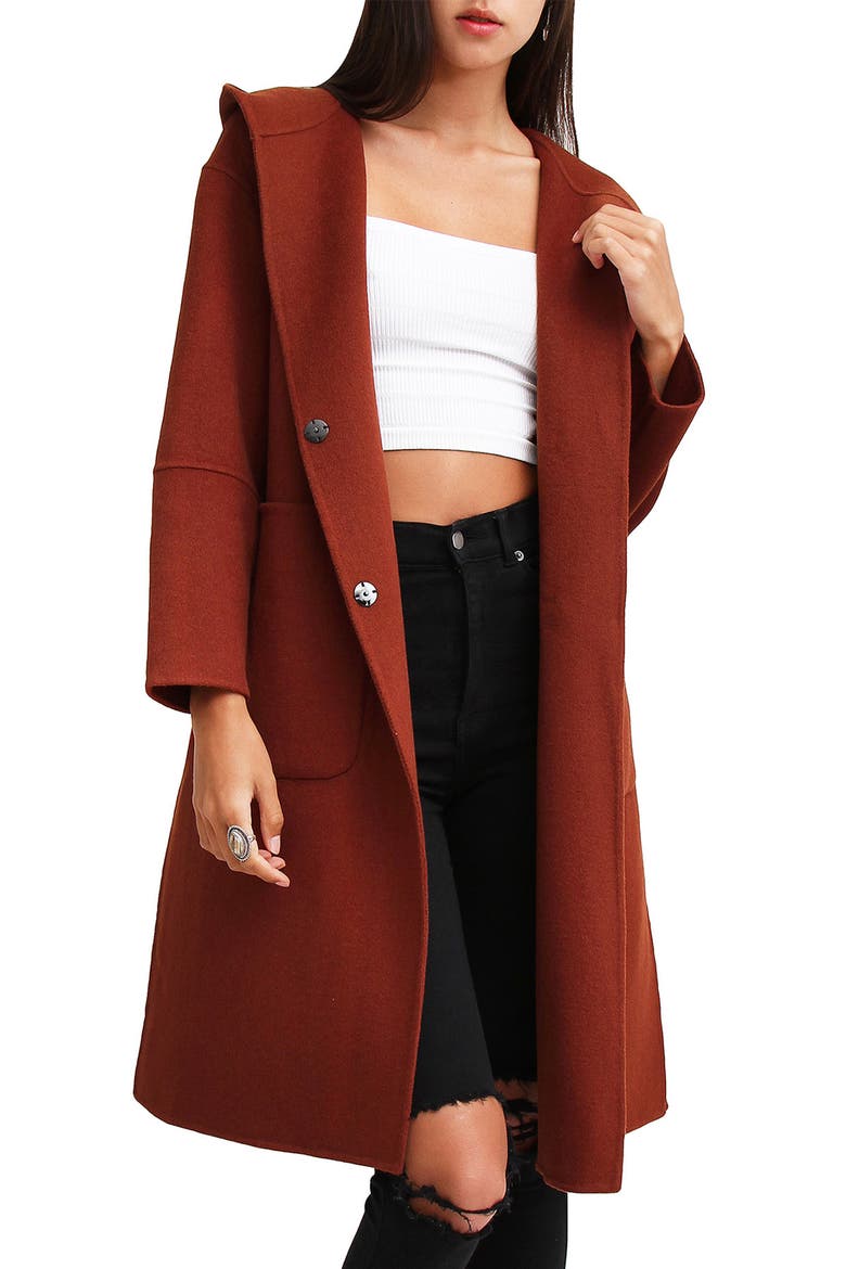 Walk This Way Hooded Wool Blend Coat, Main, color, CARAMEL