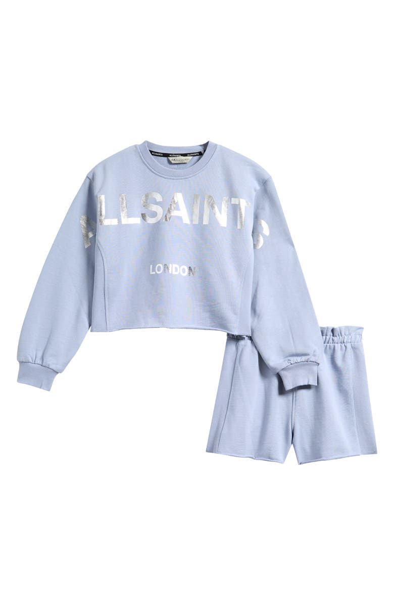 smALLSAINTS by ALLSAINTS Kids' Biggie Oversized Cotton Graphic Sweatshirt & Ruffle Shorts Set, Main, color, Blue