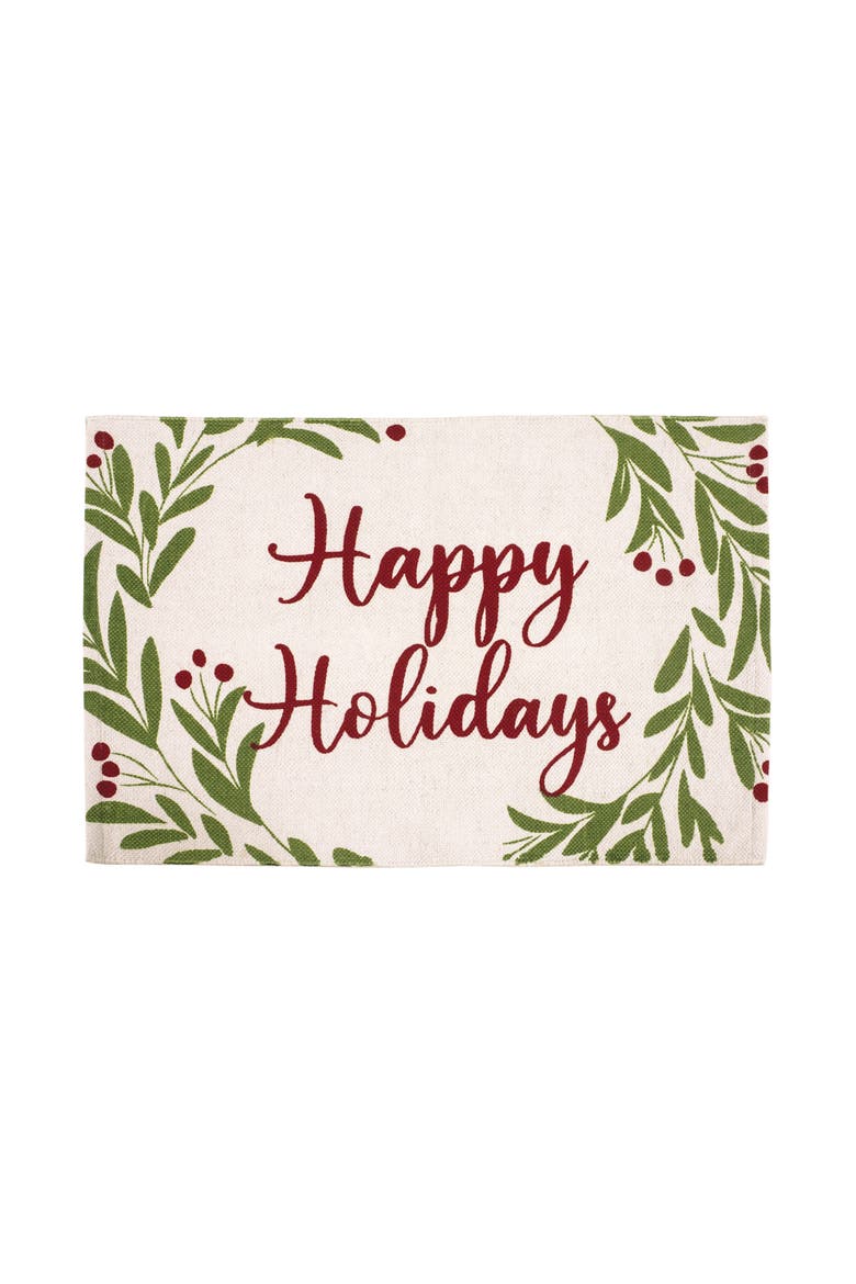 24"x36" Happy Holidays Holly Branches Dhurrie Decorative 2'x3' Christmas Area Indoor Rug Mat, Main, color, Beige