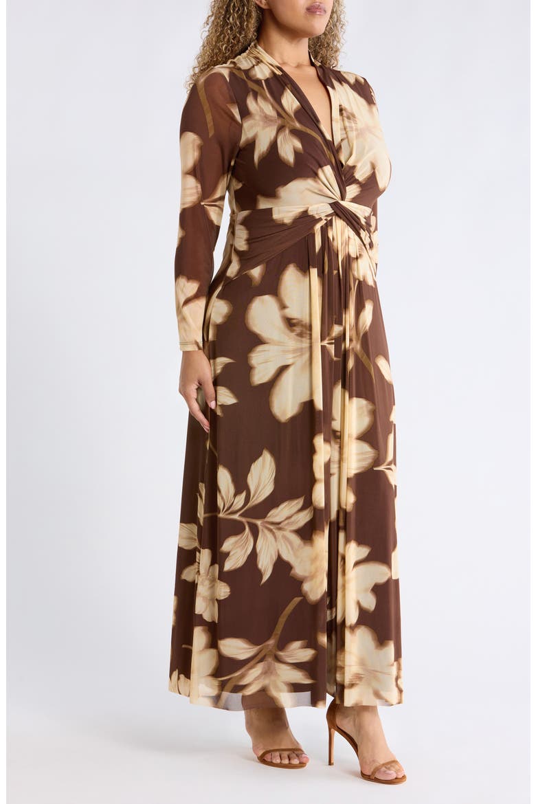 Floral Print Twist Front Long Sleeve Maxi Dress, Alternate, color, MOLASSES MULTI