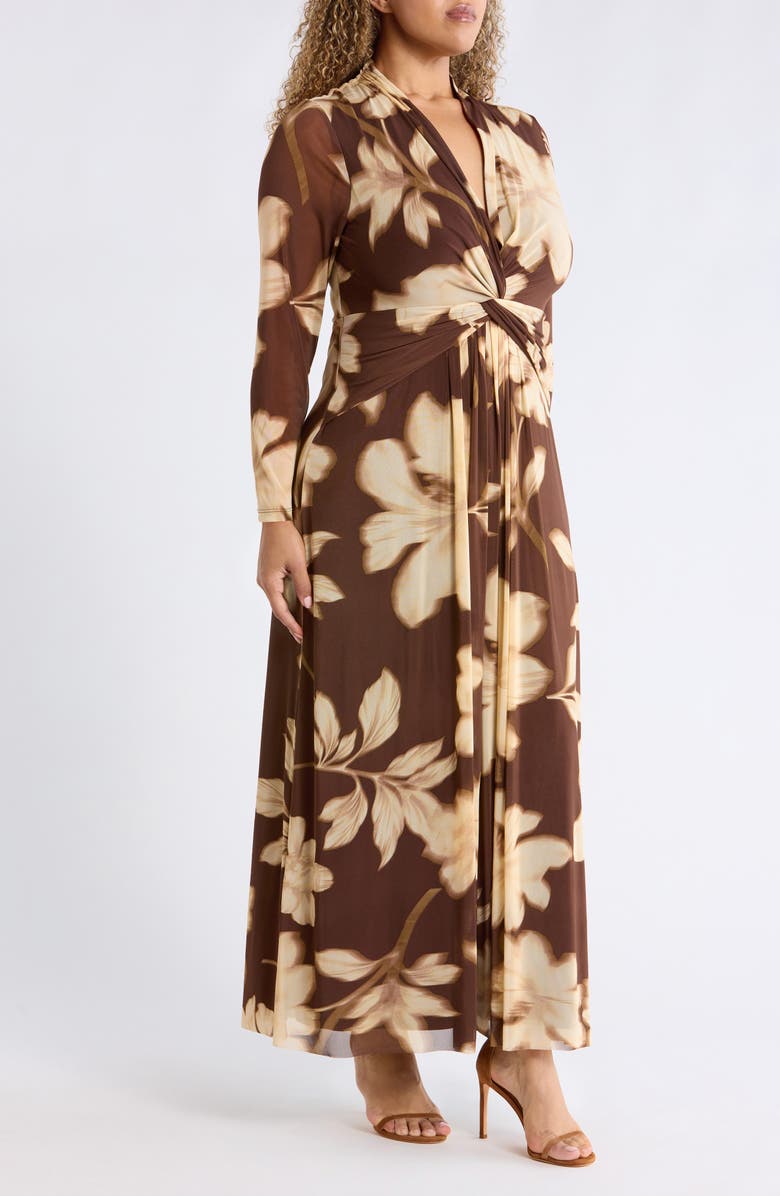 Anne Klein Floral Print Twist Front Long Sleeve Maxi Dress, Alternate, color, Molasses Multi
