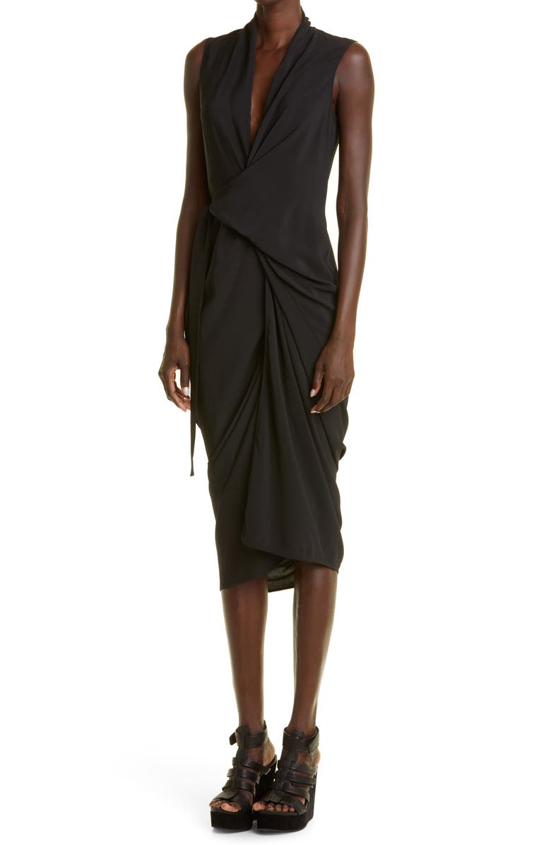 Rick Owens Sleeveless Draped Midi Dress, Alternate, color, 